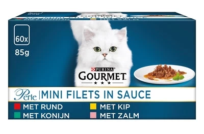 Gourmet Perle Mini Filets In Saus Kip / Konijn / Rund / Zalm 60X85 GR 1 Gourmet Perle Mini Filets In Saus Kip / Konijn / Rund / Zalm 60X85 GR